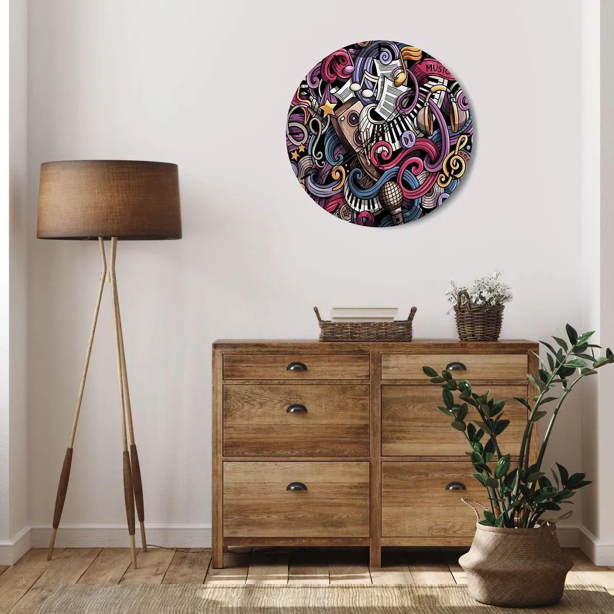 Vægur, Uret - Abstrakt komposition af musikalske motiver og instrumenter - 30x30cm - Kompliceret melodi - Moderne vægdekoration til stue, køkken og soveværelse ARTTOR