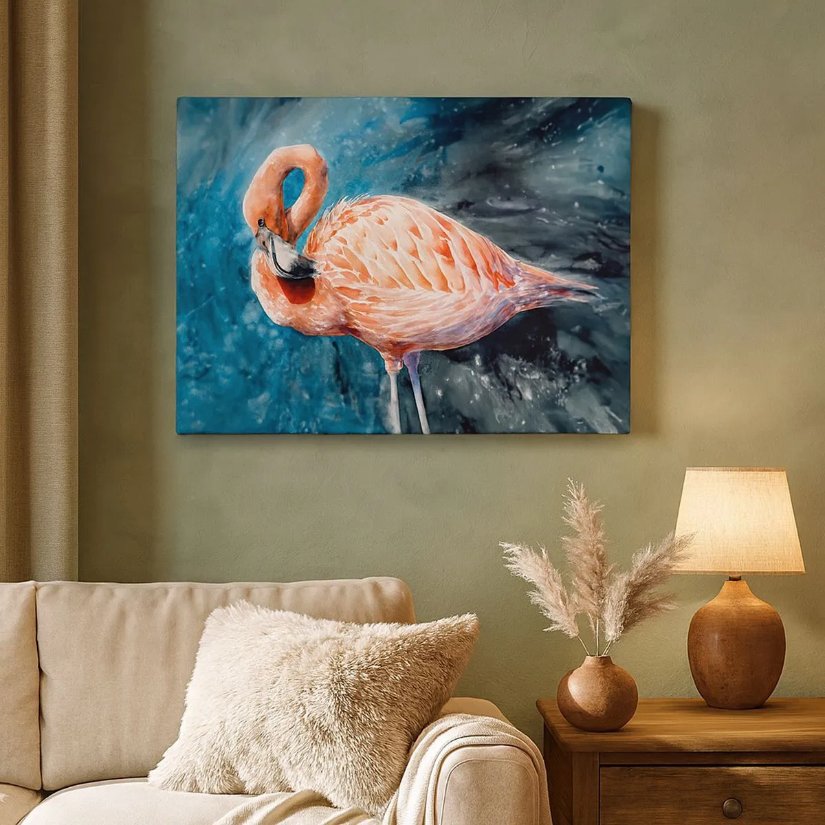 Lærredstryk - Billede på lærred - En lyserød flamingo på en akvarelblå baggrund - 70x50cm - Dekorativ af natur - Moderne vægdekoration til stue og soveværelse ARTTOR