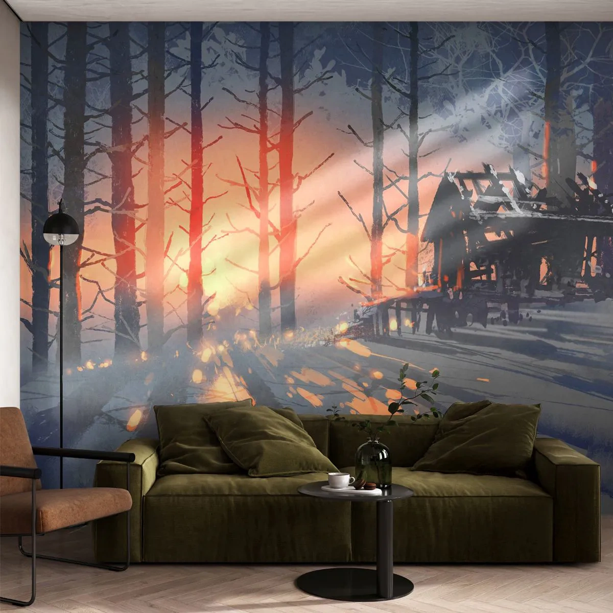 Fototapet Standard Eco - Kun solen kigger her - Landskab, Skovhytte, Skov - 200x140 cm