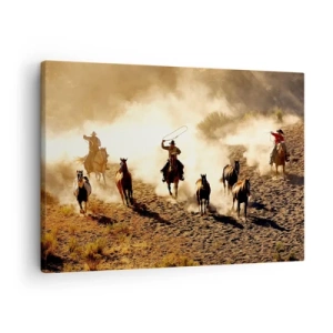 Lærredstryk - Billede på lærred - Cowboys på hesteryg i aktion i ørkenterrænet - 70x50cm - Et ægte vildt vesten - Moderne vægdekoration til stue og soveværelse ARTTOR