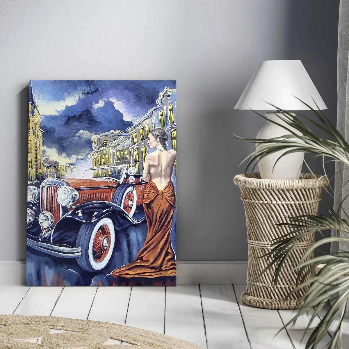 Lærredstryk - Billede på lærred - Nocturne i blå og koral - 50x70 cm