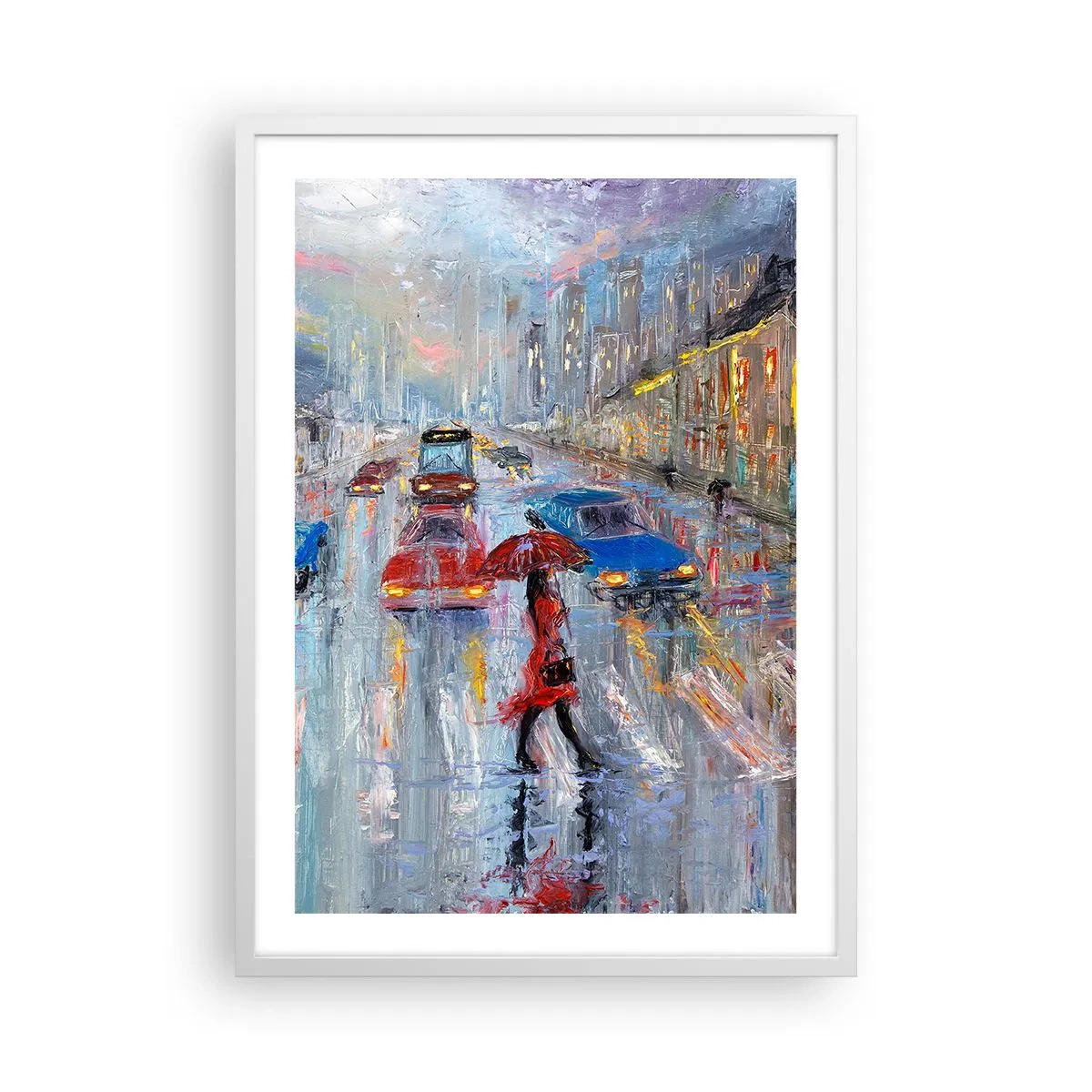 Plakat i hvid ramme - Regnfuld eftermiddag i byen - 50x70 cm