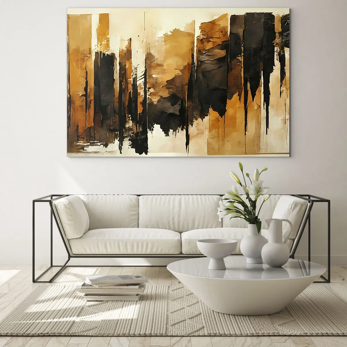 Billede på glas - Gyldenbrun abstraktion med vertikale strukturer - 70x50cm - Harmoni af sort og guld - Moderne vægdekoration til stue og soveværelse ARTTOR