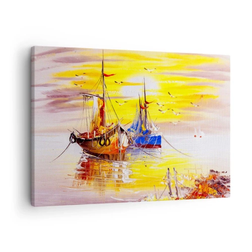 Lærredstryk - Billede på lærred - En malerisk scene af både på et roligt hav - 70x50cm - Et velfortjent hvil i havnen - Moderne vægdekoration til stue og soveværelse ARTTOR