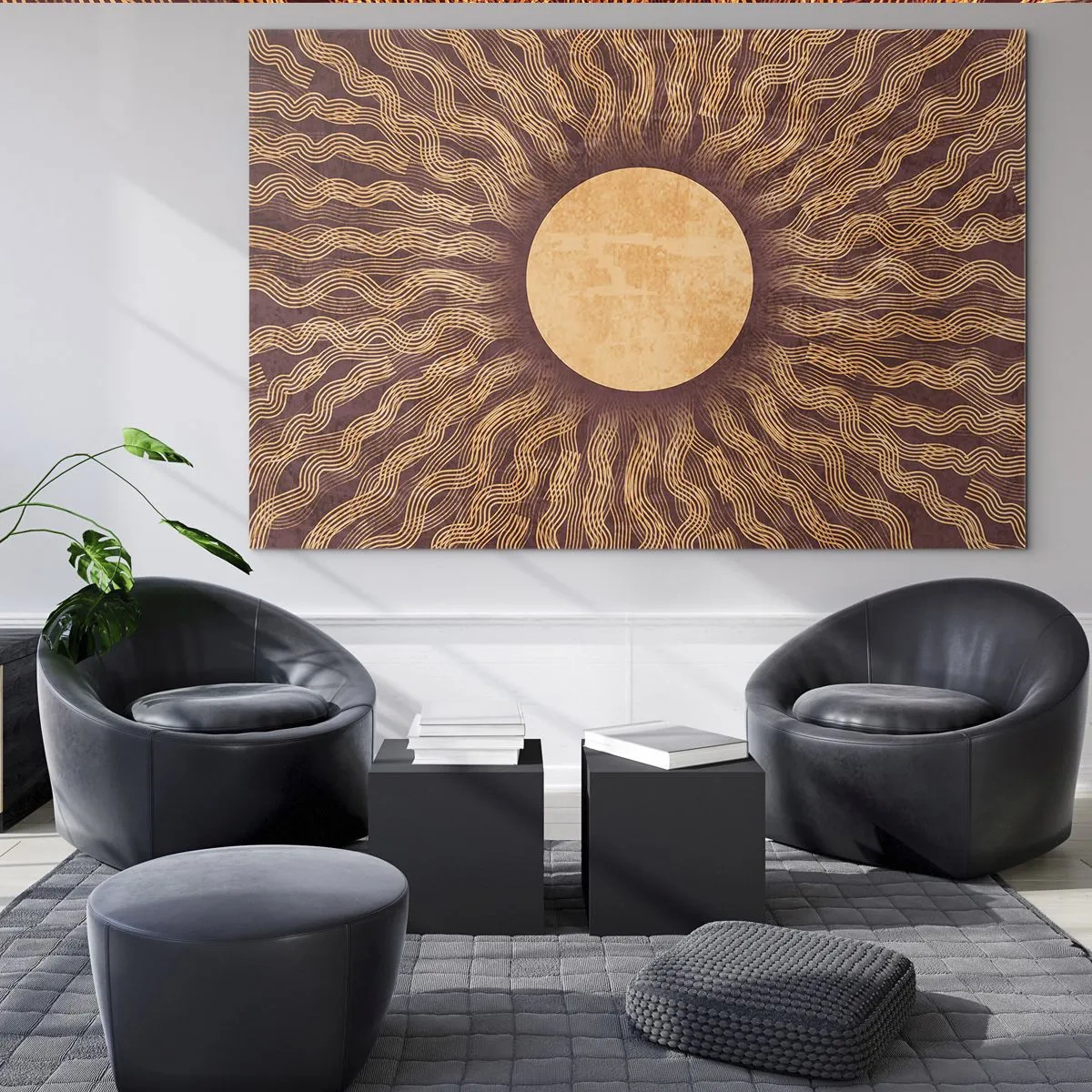 Billede på glas - En stiliseret sol med stråler i form af bølgede linjer på en brun baggrund. - 70x50cm - Ikon for solen - Moderne vægdekoration til stue og soveværelse ARTTOR