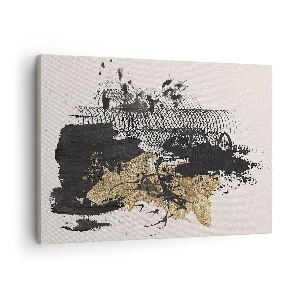 Lærredstryk - Billede på lærred - Et abstrakt maleri i sort og guld med dynamiske linjer og strukturer. - 70x50cm - Komposition med lidenskab - Moderne vægdekoration til stue og soveværelse ARTTOR