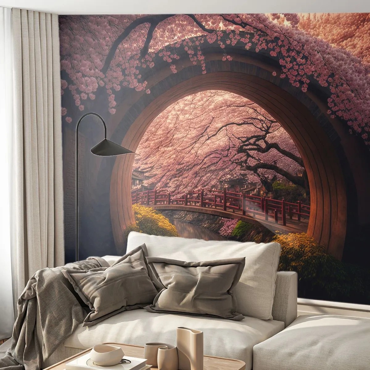 Fototapet Standard Eco - Japansk forår - Bro, Japan, Japansk kirsebær - 300x210 cm