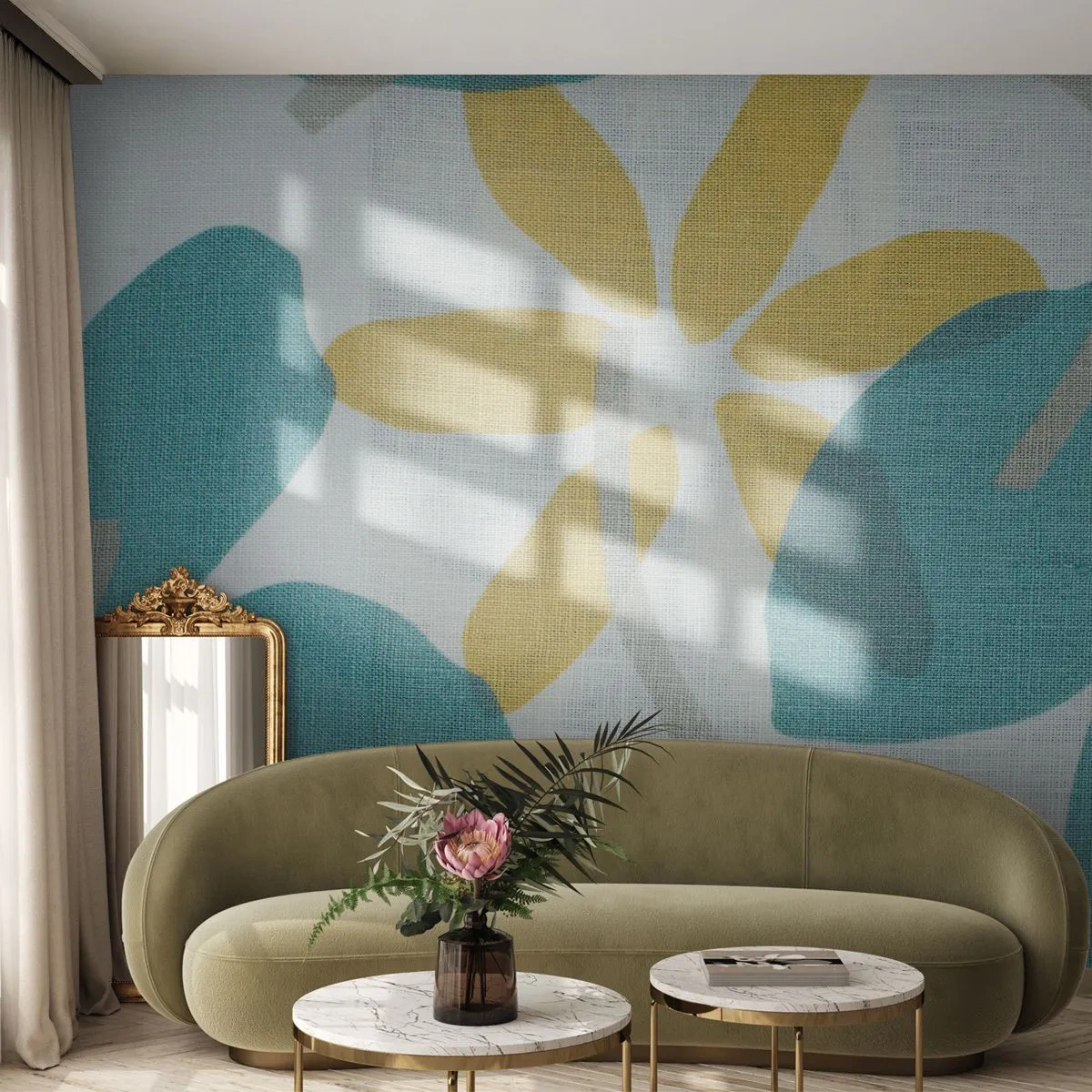 Fototapet Premium Sand - Blandt azurblå blade - Boho, Blomster, Minimalisme - 350x256 cm