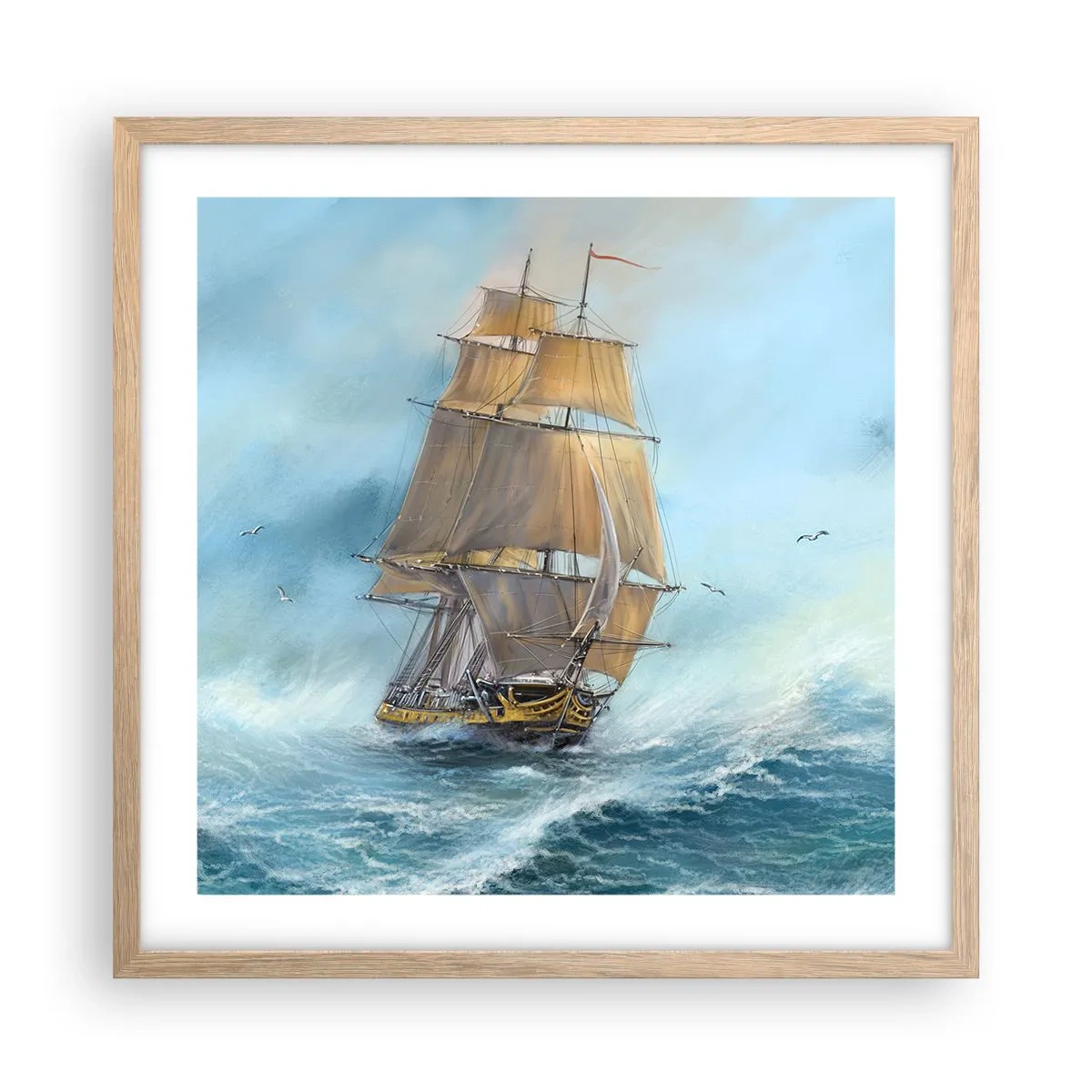 Plakat i ramme af lyst egetræ - Bølgende gennem bølgerne - 50x50 cm