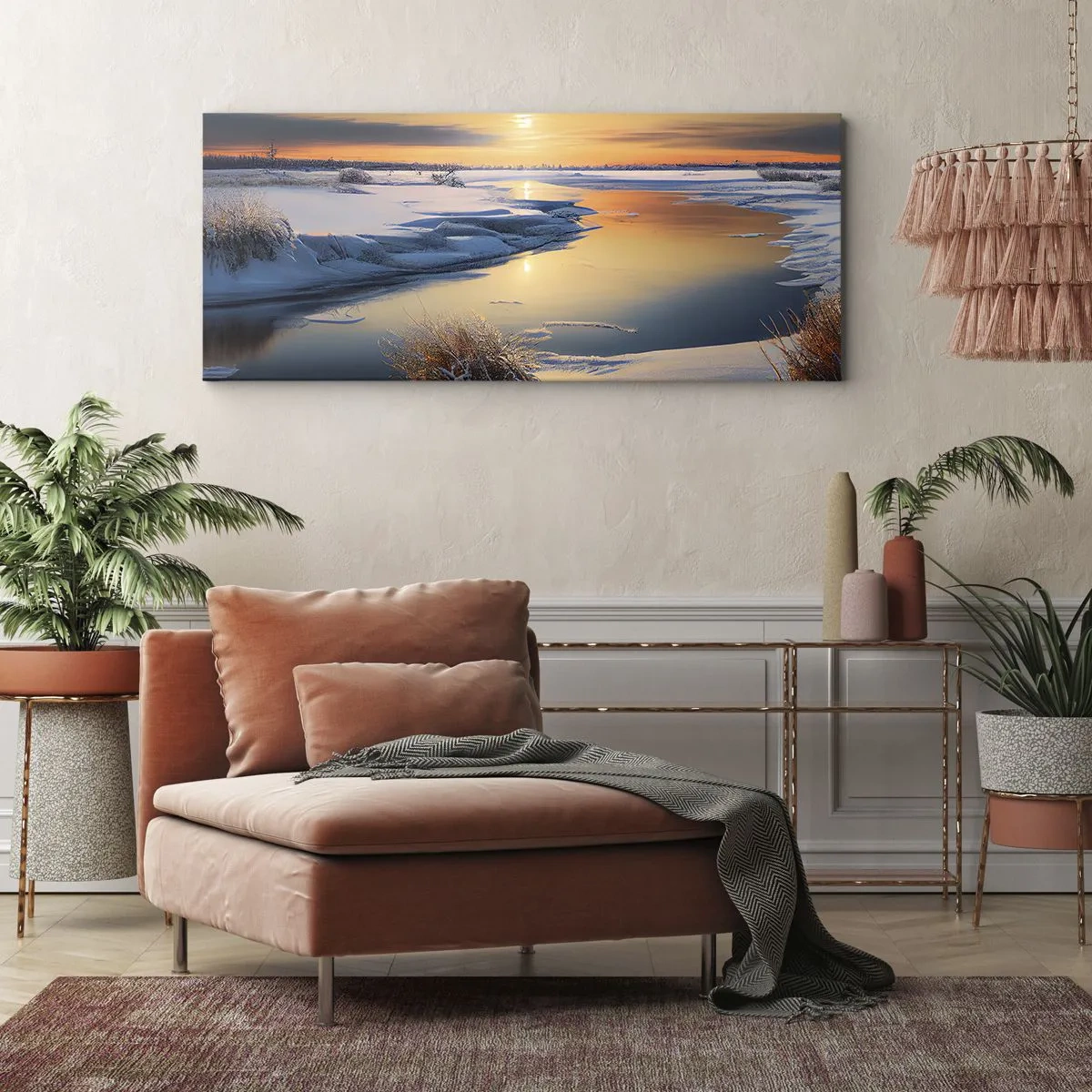 Lærredstryk - Billede på lærred - Vintersolnedgang - 140x50 cm