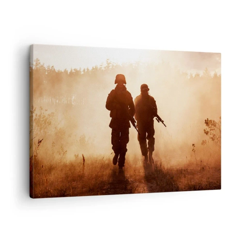 Lærredstryk - Billede på lærred - Soldater marcherer i morgentågen mod en baggrund af naturen - 70x50cm - Call of Duty - Moderne vægdekoration til stue og soveværelse ARTTOR