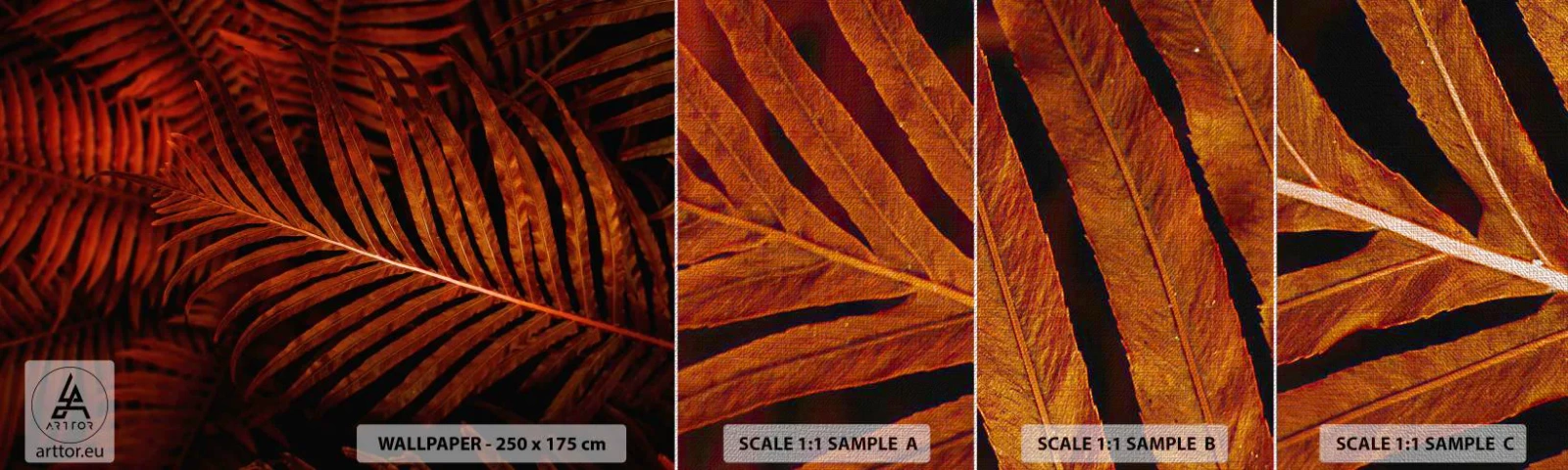 Prøve Fototapet Premium Canvas - Livets varme - Abstraktion, Palmeblade, Tropisk plante - 100x30 cm