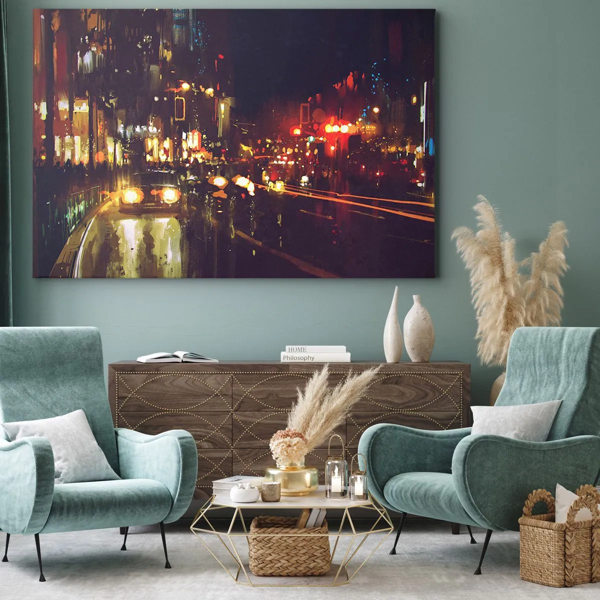 Lærredstryk - Billede på lærred - Natbyscene med farverige lys og gaderefleksioner - 70x50cm - Sænket i nattens lys - Moderne vægdekoration til stue og soveværelse ARTTOR