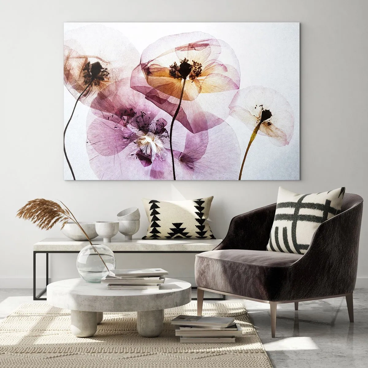 Billede på glas - Delikate blomster i transparente pastelfarver på en lys baggrund - 70x50cm - Blomsterlegeme dias - Moderne vægdekoration til stue og soveværelse ARTTOR