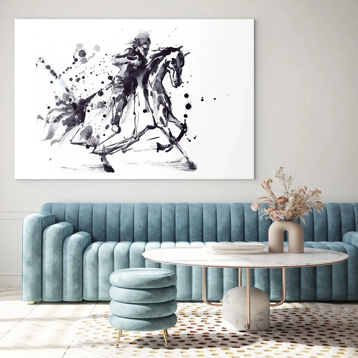 Billede på glas - Sort-hvidt maleri af en rytter på en hest i abstrakt stil - 70x50cm - Sort ridder - Moderne vægdekoration til stue og soveværelse ARTTOR