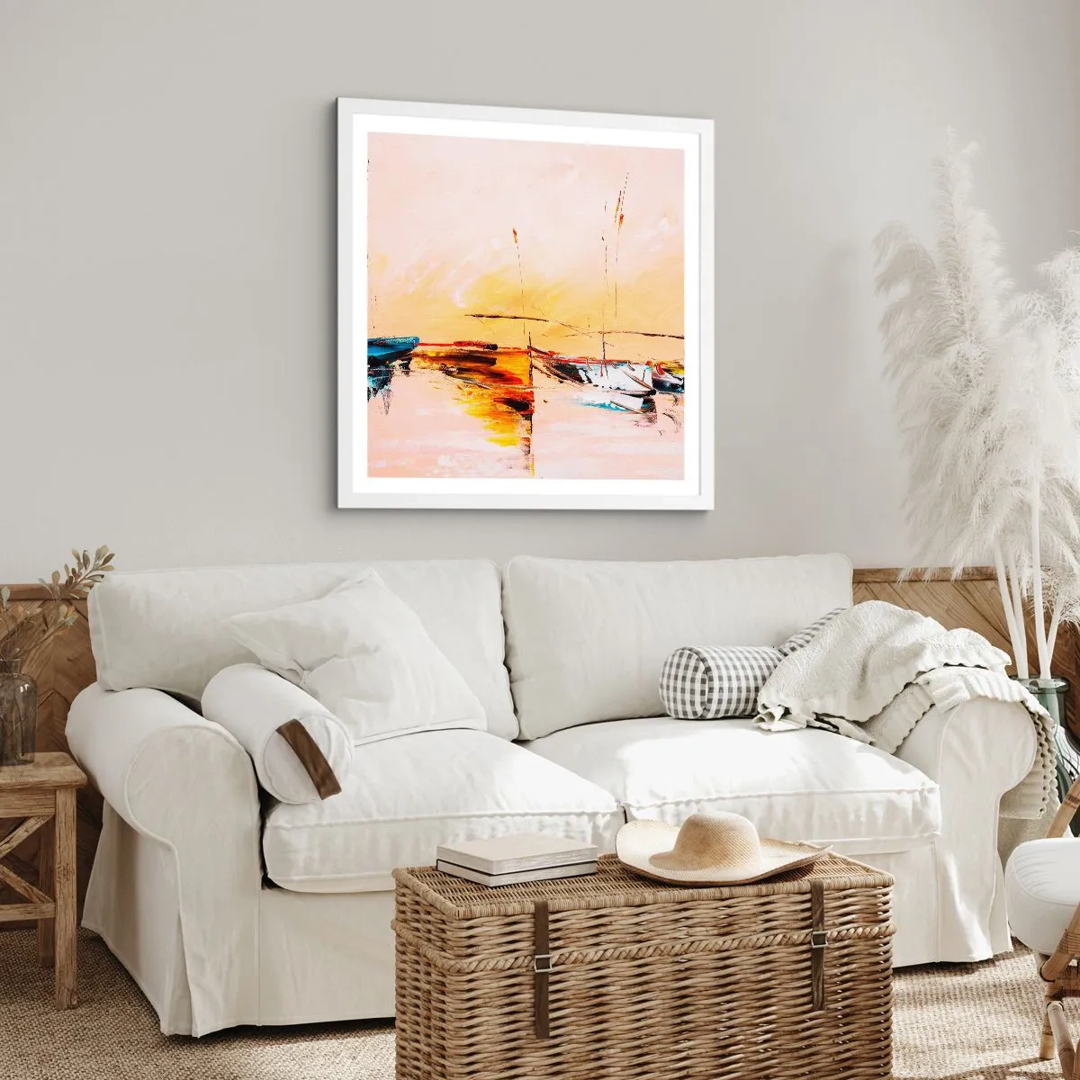 Plakat i hvid ramme - En aften i havnen - 40x40 cm