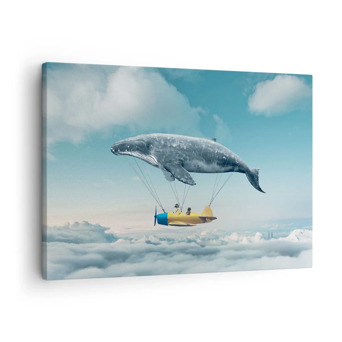 Lærredstryk - Billede på lærred - En flyvende hval bærer et fly i surrealistiske omgivelser. - 70x50cm - Hvorfor ikke? - Moderne vægdekoration til stue og soveværelse ARTTOR