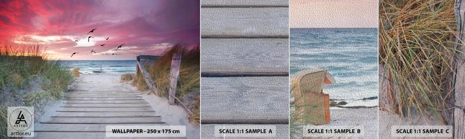 Prøve Fototapet Premium Sand - Baltisk indtryk - Havlandskab, Strand, Fugle - 100x30 cm