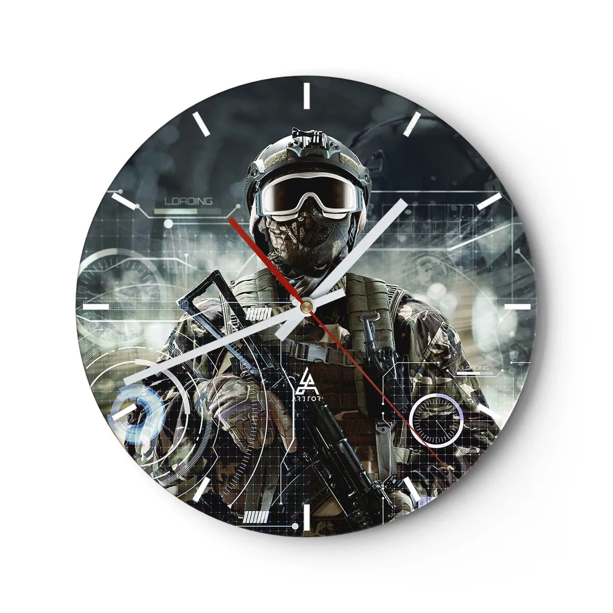 Vægur, Uret - Figuren af en soldat i moderne udstyr på baggrund af teknologisk grafik - 30x30cm - Magt til potens - Moderne vægdekoration til stue, køkken og soveværelse ARTTOR