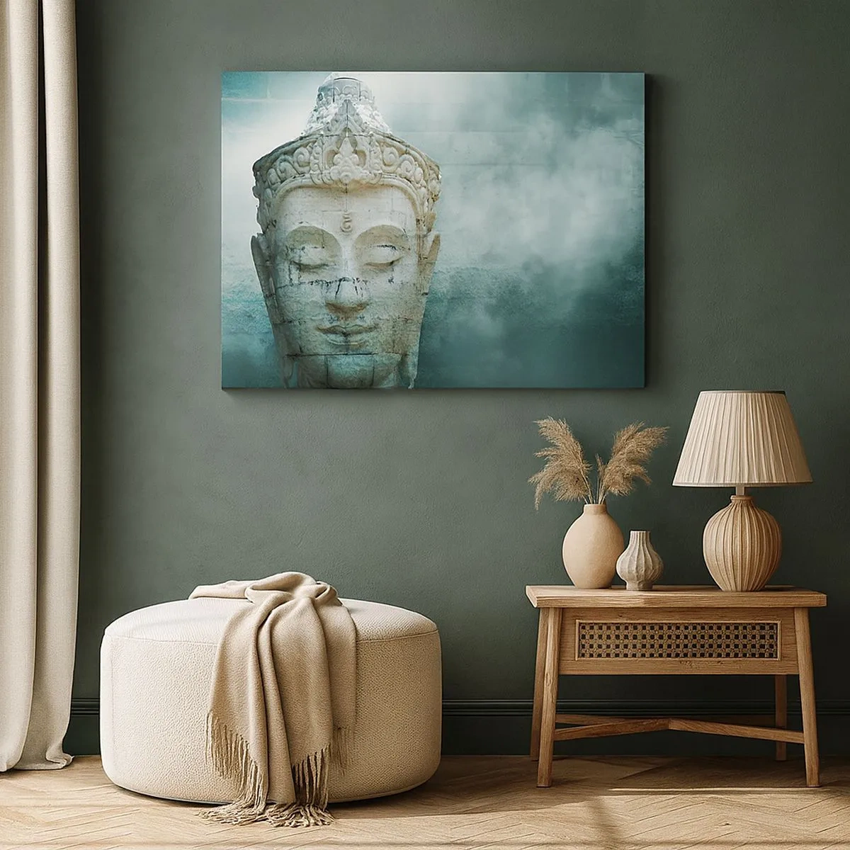 Lærredstryk - Billede på lærred - Buddha-statue med en blid tåge mod en grøn baggrund - 70x50cm - På jagt efter lys - Moderne vægdekoration til stue og soveværelse ARTTOR