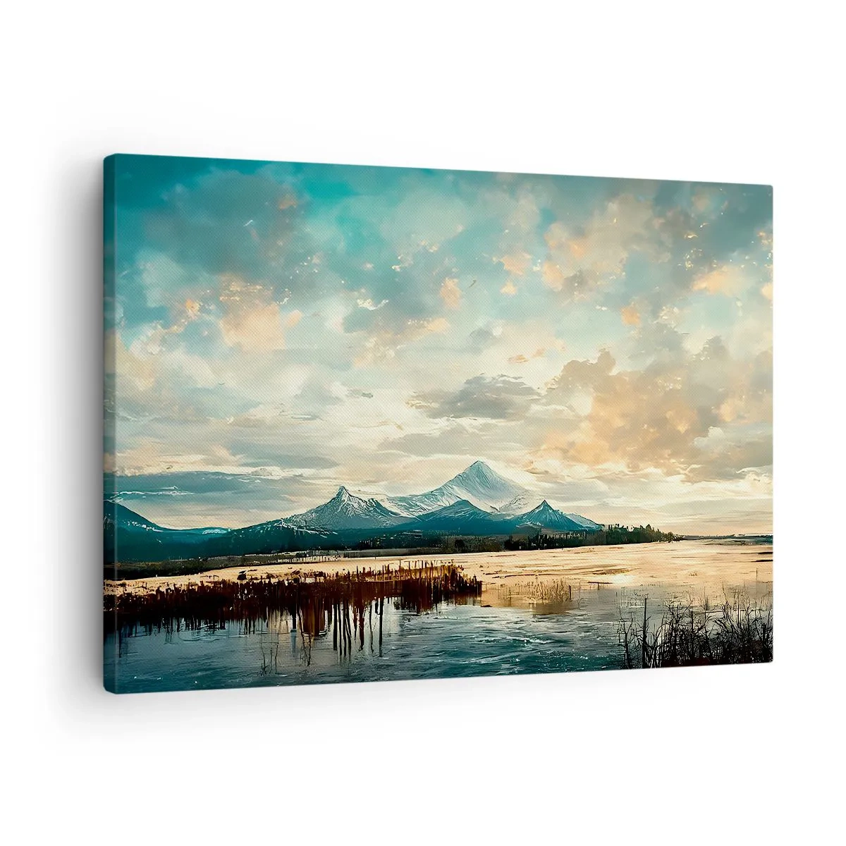 Lærredstryk - Billede på lærred - Et malerisk landskab med et bjerg og en rolig sø - 70x50cm - Under himlens beskyttelse - Moderne vægdekoration til stue og soveværelse ARTTOR