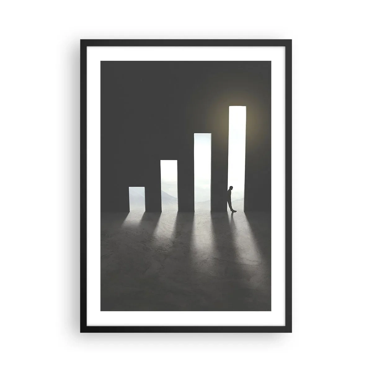 Plakat i sort ramme - En symbolsk dør formet som en graf med en figur - 50x70cm - Succes - et indtryk - Moderne vægdekoration til stue og soveværelse ARTTOR
