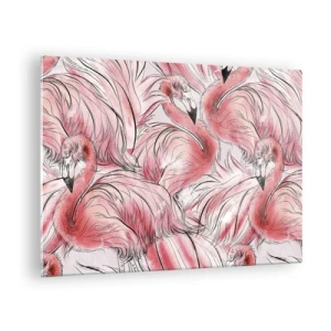 Billede på glas - Lyserøde flamingoer i dekorativ tegneseriestil - 70x50cm - Fugle corps de ballet - Moderne vægdekoration til stue og soveværelse ARTTOR