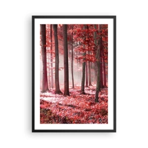 Plakat i sort ramme - En skov med røde blade og tåge om morgenen - 50x70cm - Rød er lige så smuk - Moderne vægdekoration til stue og soveværelse ARTTOR