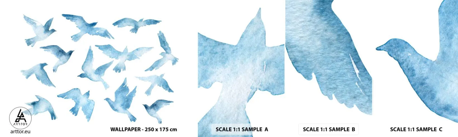 Prøve Fototapet Selvklæbende Deluxe Sticker - Blåfugle - Abstraktion, Fugl, Grafik - 100x30 cm