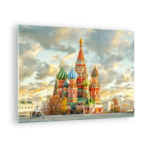 Billede på glas - St. Basil's Cathedral i Moskva mod en overskyet himmel - 70x50cm - Ikke engang Disney ville have fundet på - Moderne vægdekoration til stue og soveværelse ARTTOR