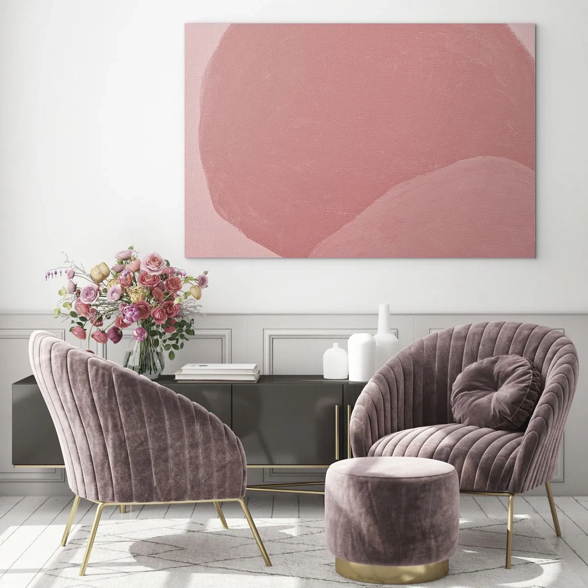 Billede på glas - En abstrakt form i nuancer af lyserøde og pastelfarver. - 70x50cm - Organisk komposition i pink - Moderne vægdekoration til stue og soveværelse ARTTOR