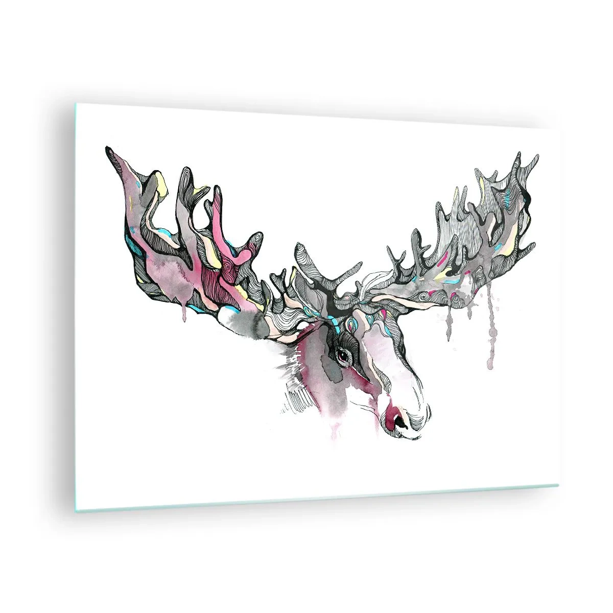 Billede på glas - Farverig akvarel af en elg med omfattende gevirer - 70x50cm - Kronen på skovens konge - Moderne vægdekoration til stue og soveværelse ARTTOR