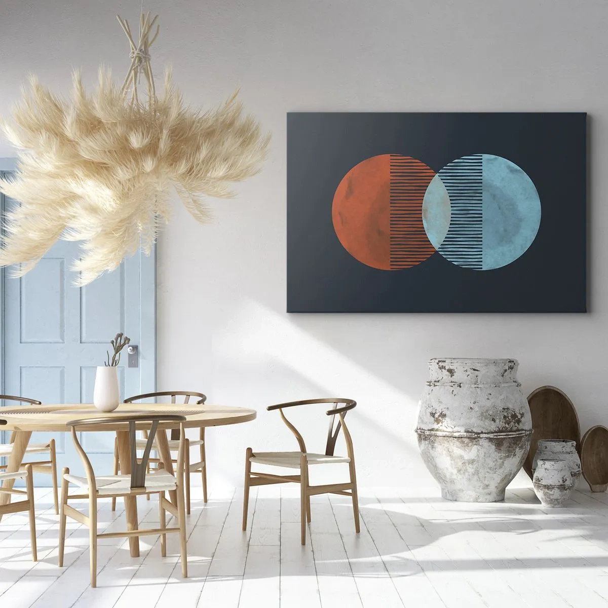 Lærredstryk - Billede på lærred - To orange og blå cirkler på en mørk baggrund - 70x50cm - Astronomisk fantasi - Moderne vægdekoration til stue og soveværelse ARTTOR