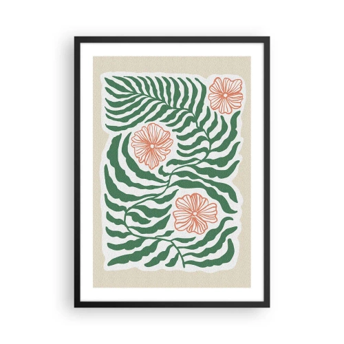 Plakat i sort ramme - Abstrakt grafik af blade og blomster på en beige baggrund - 50x70cm - Blomstrede i grønt - Moderne vægdekoration til stue og soveværelse ARTTOR
