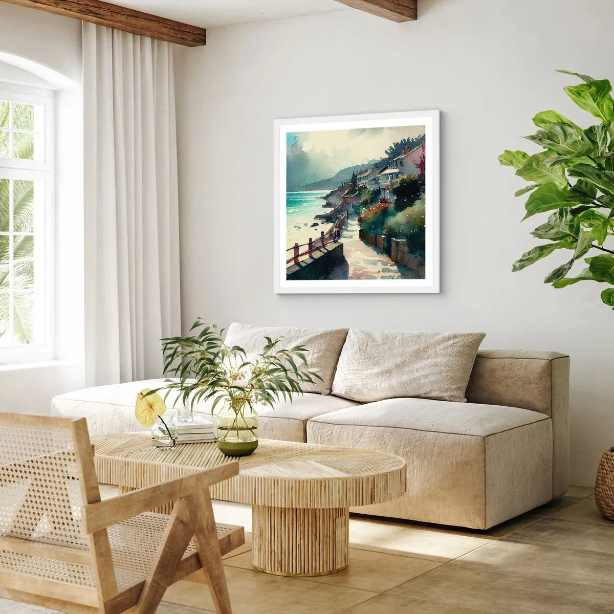 Plakat i hvid ramme - Middelhavsby - 30x30 cm