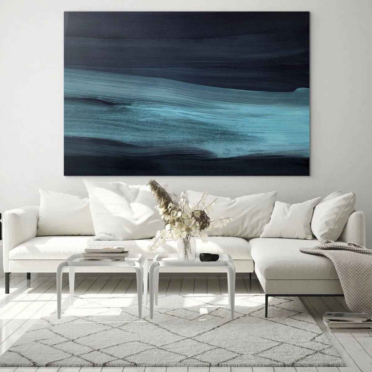 Billede på glas - Abstrakt bølge i nuancer af turkis og marineblå - 70x50cm - Svøm med strømmen - Moderne vægdekoration til stue og soveværelse ARTTOR