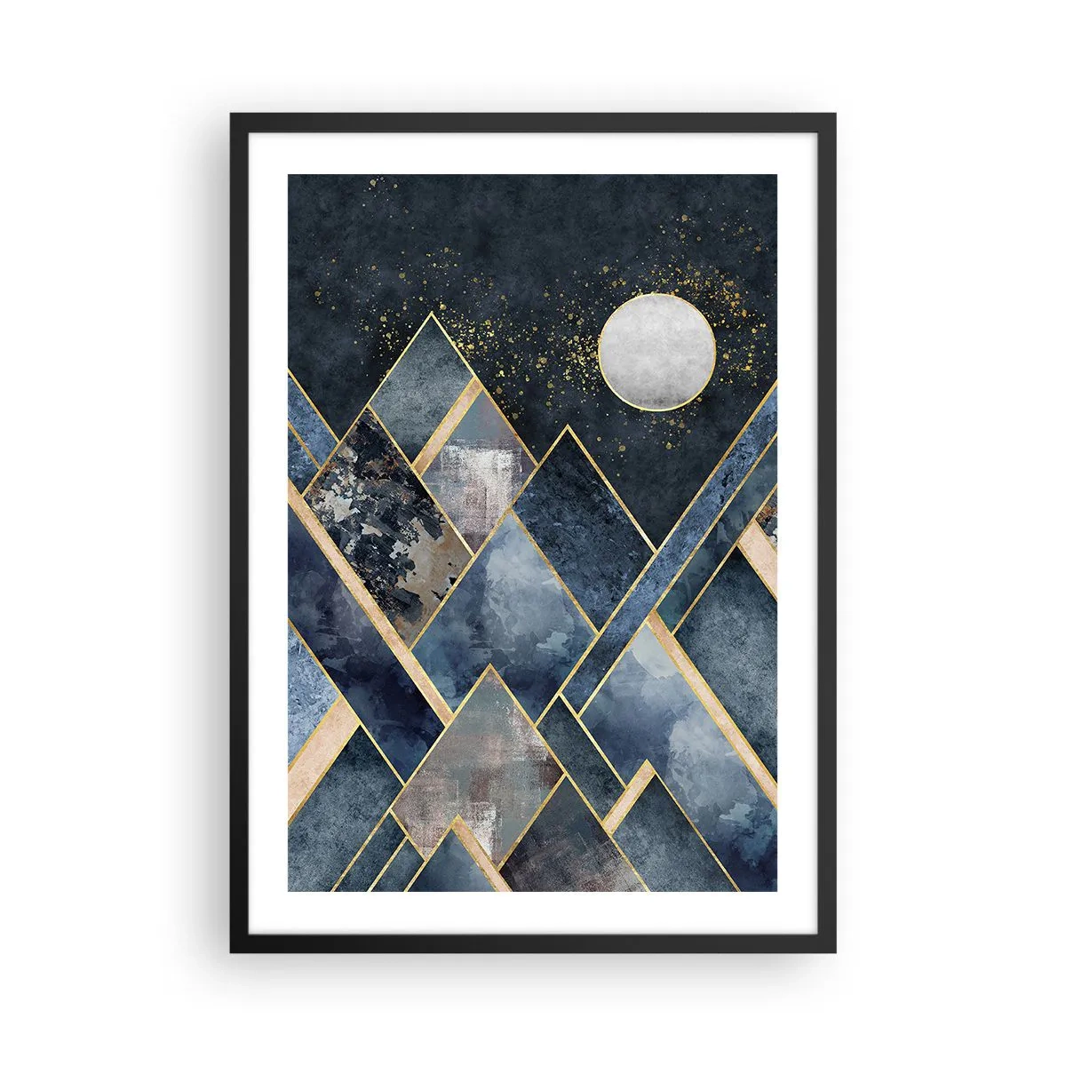 Plakat i sort ramme - Geometriske bjerge i nuancer af marineblå og guld - 50x70cm - Geometrisk landskab - Moderne vægdekoration til stue og soveværelse ARTTOR