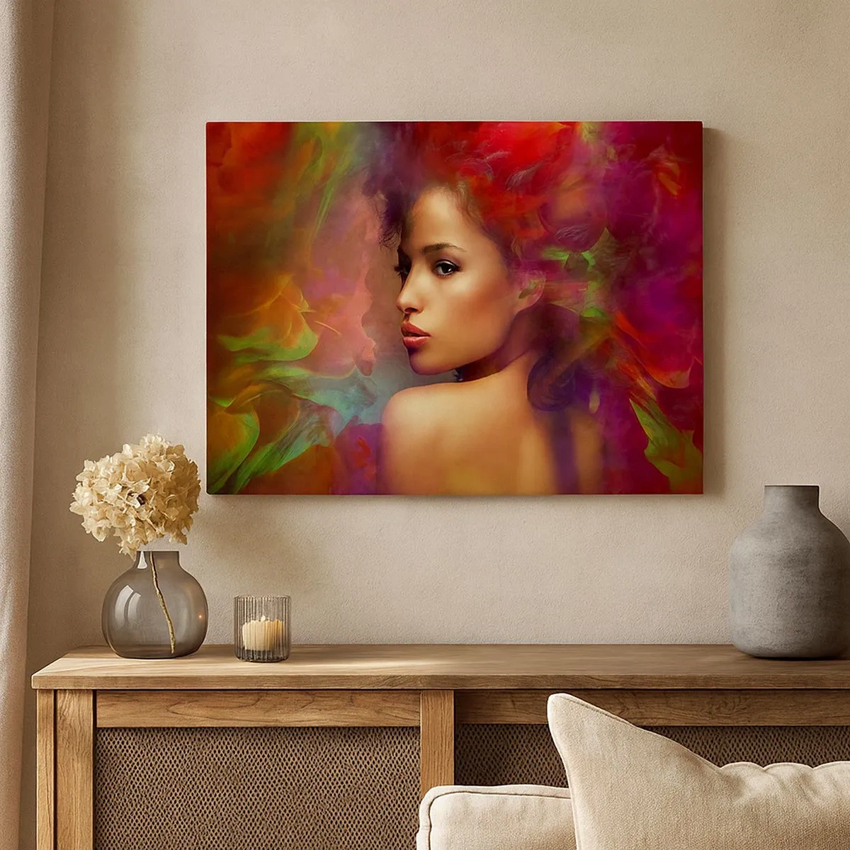 Lærredstryk - Billede på lærred - En kvinde med farverige refleksioner skaber en abstrakt baggrund - 70x50cm - Smukkere end en regnbue, sart som tåge - Moderne vægdekoration til stue og soveværelse ARTTOR