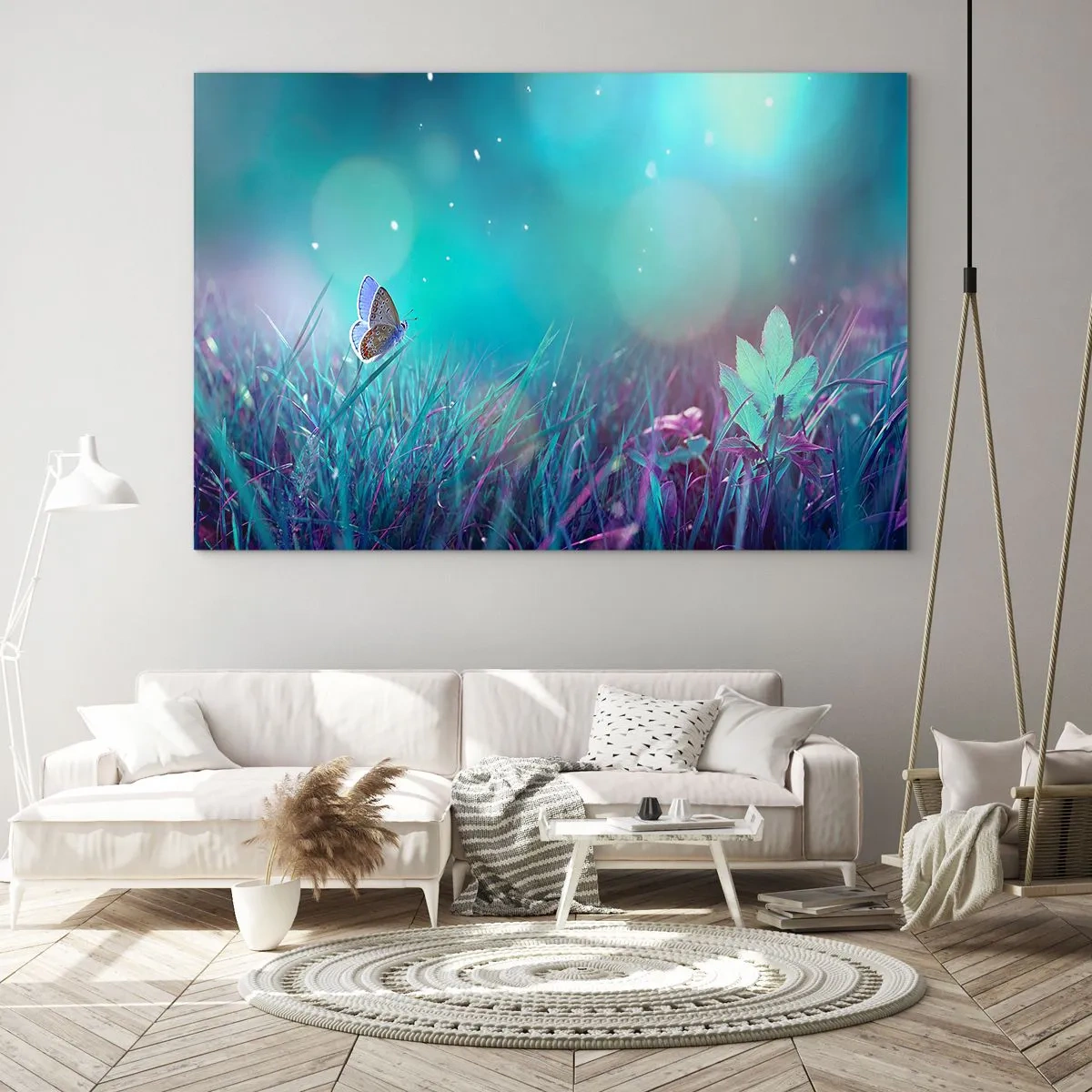 Billede på glas - Sommerfugl på græsset i pastellys - 70x50cm - En engs hemmelige liv - Moderne vægdekoration til stue og soveværelse ARTTOR