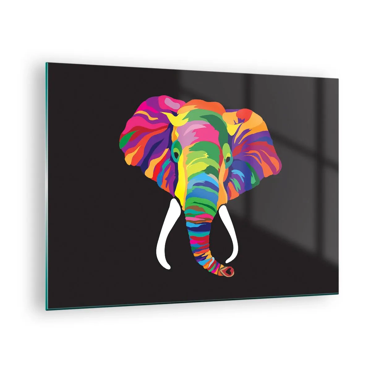 Billede på glas - En farverig elefant på en sort baggrund i kunstnerisk stil - 70x50cm - Elefanten, der elskede at bade i regnbuen - Moderne vægdekoration til stue og soveværelse ARTTOR