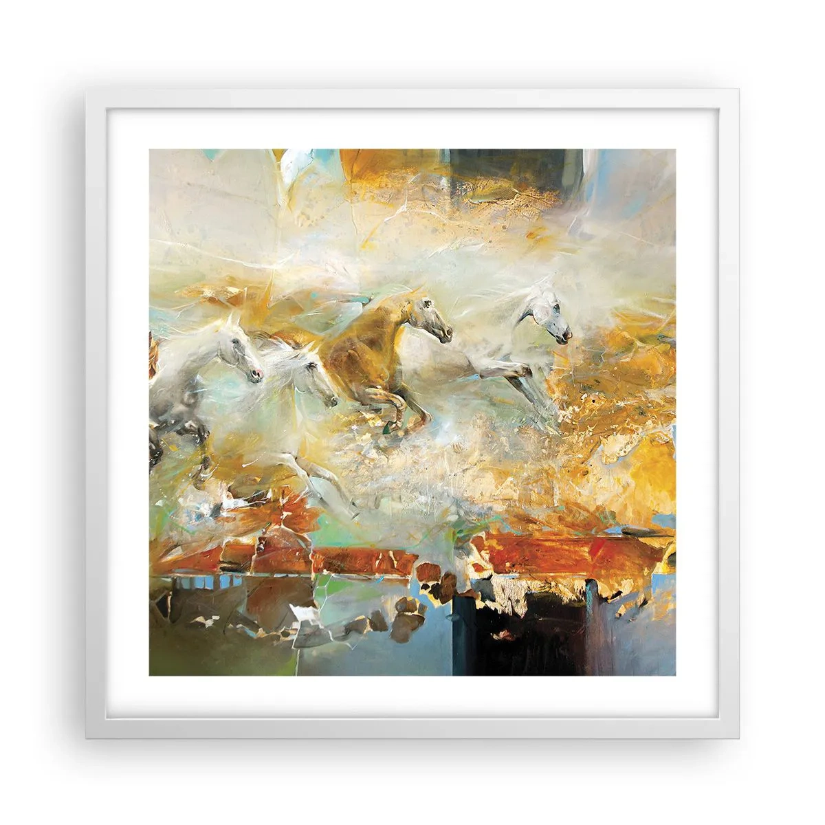 Plakat i hvid ramme - Galopperer gennem lyset - 50x50 cm