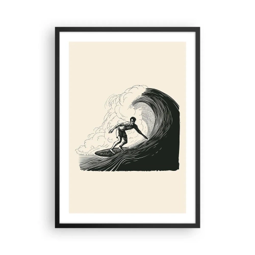 Plakat i sort ramme - Retro surfer på bølge grafik, sort og cremefarvet komposition - 50x70cm - Bølgens konge - Moderne vægdekoration til stue og soveværelse ARTTOR