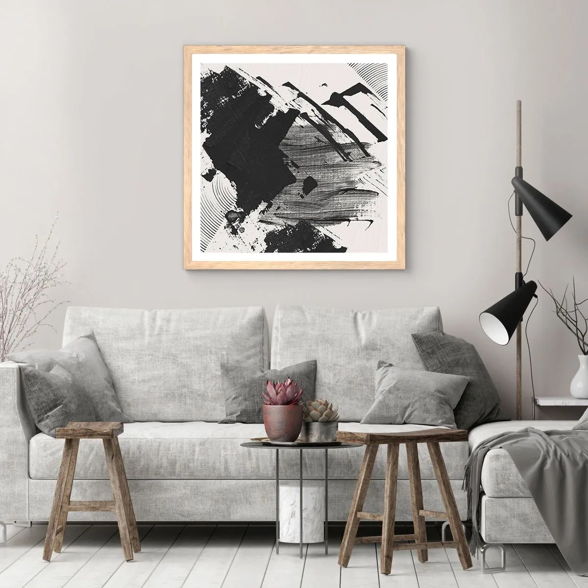 Plakat i ramme af lyst egetræ - Abstraktion - det sortes udtryk - 50x50 cm