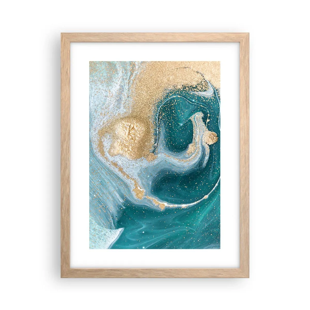 Plakat i ramme af lyst egetræ - En hvirvel af guld og turkis - 30x40 cm