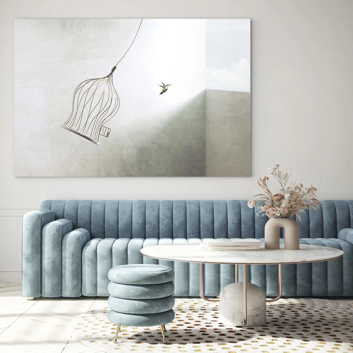 Billede på glas - Et åbent bur og en kolibri, der flyver væk i dagslys - 70x50cm - I sit elementet - Moderne vægdekoration til stue og soveværelse ARTTOR