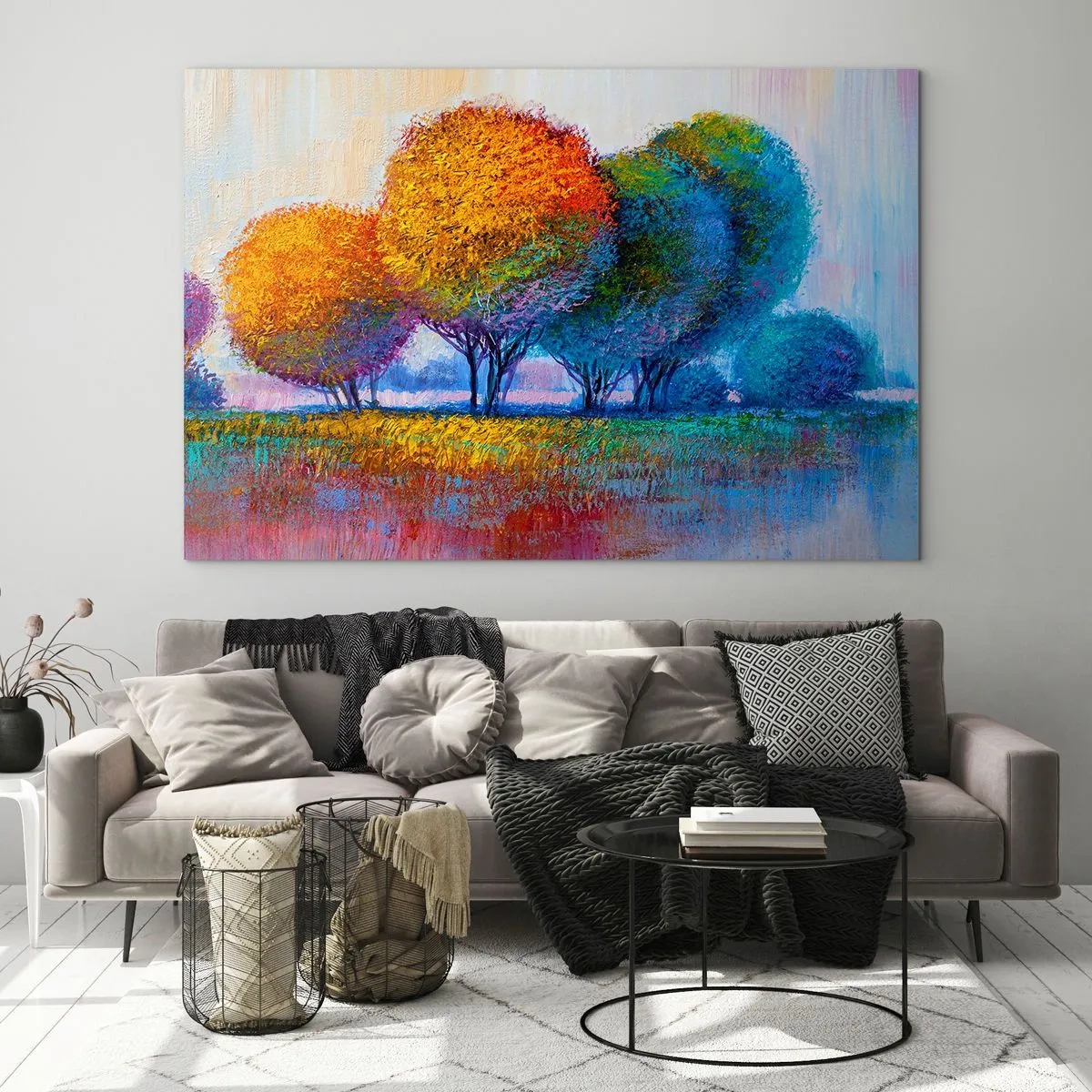 Billede på glas - Farverige træer i efterårsfarver mod en blå himmel - 70x50cm - En klump af piskende farver - Moderne vægdekoration til stue og soveværelse ARTTOR