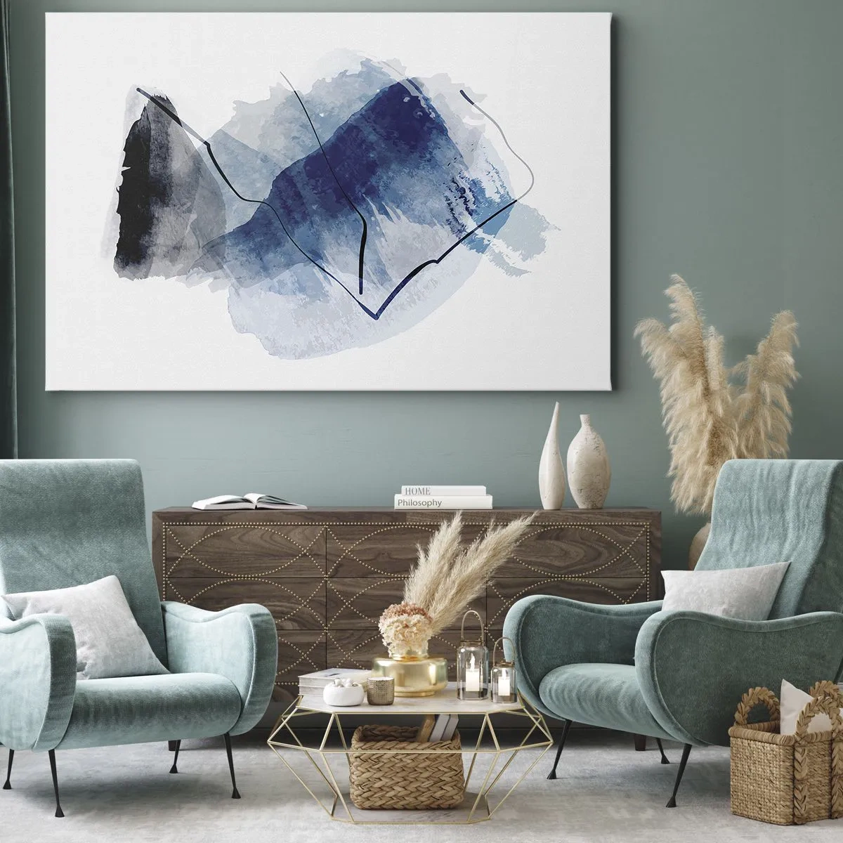 Lærredstryk - Billede på lærred - Abstrakte former i blå nuancer med fine linjer - 70x50cm - Isbjerg - Moderne vægdekoration til stue og soveværelse ARTTOR