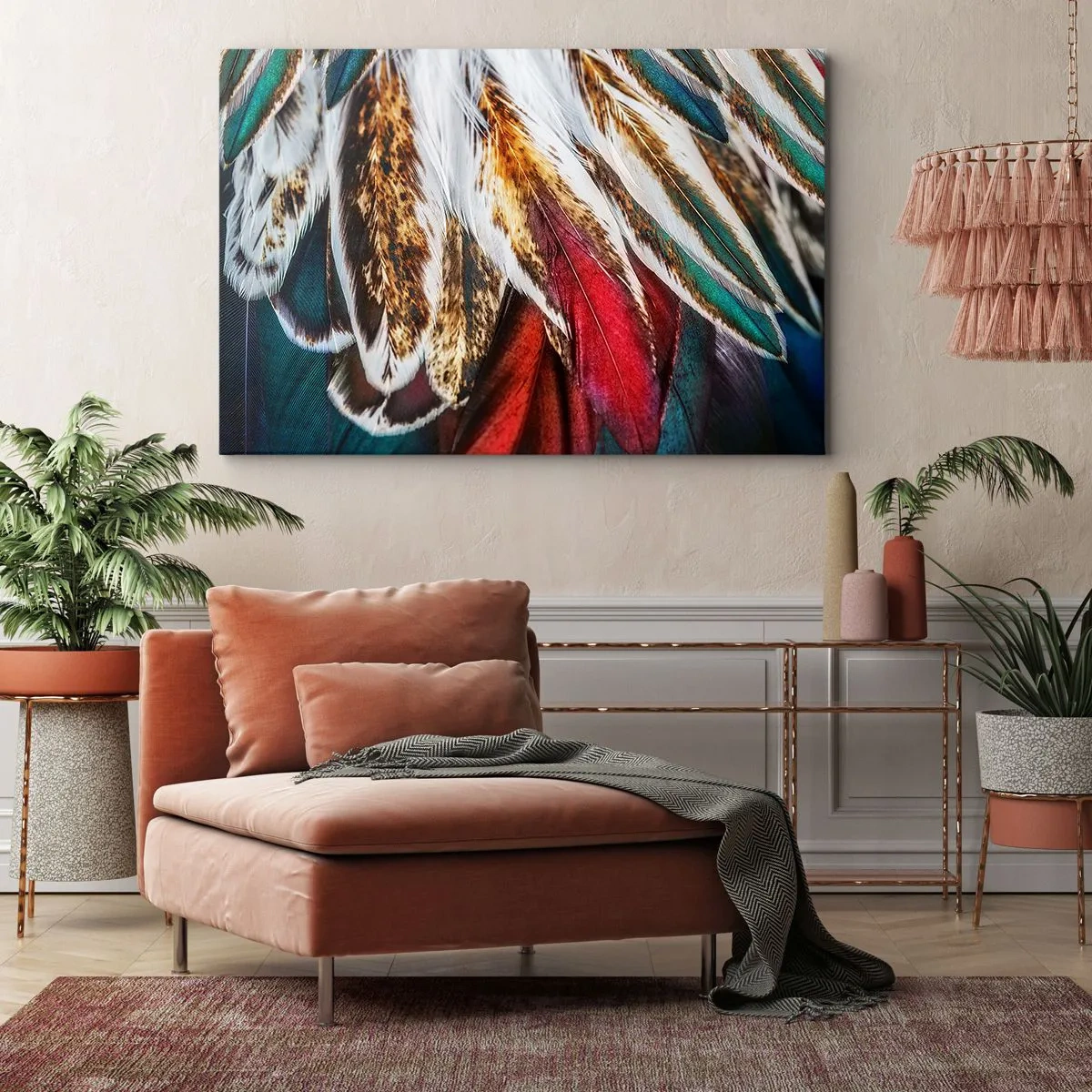Lærredstryk - Billede på lærred - Nærbillede af flerfarvede fjer i levende, intense farver - 70x50cm - Flyvningens hemmeligheder - Moderne vægdekoration til stue og soveværelse ARTTOR