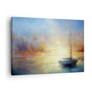 Lærredstryk - Billede på lærred - En yacht på et roligt hav ved solnedgang - 70x50cm - I en gylden bugt - Moderne vægdekoration til stue og soveværelse ARTTOR