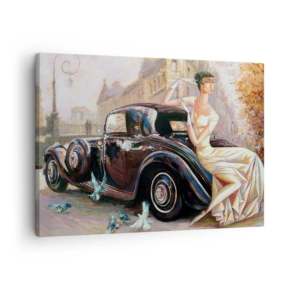 Lærredstryk - Billede på lærred - Retro kvinde ved siden af en klassisk bil - 70x50cm - Retro elegance - Moderne vægdekoration til stue og soveværelse ARTTOR